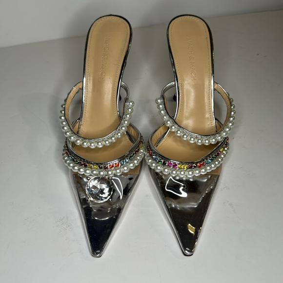 Mach & Mach Diamond of Elizabeth PVC Mules in Clear Silver Faux Pearl sz 38 8 US - Picture 4 of 17